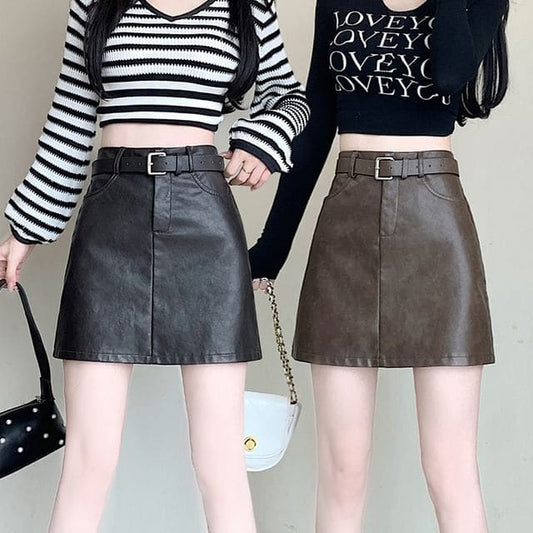 High Waist Plain Faux Leather Mini A-Line Skirt