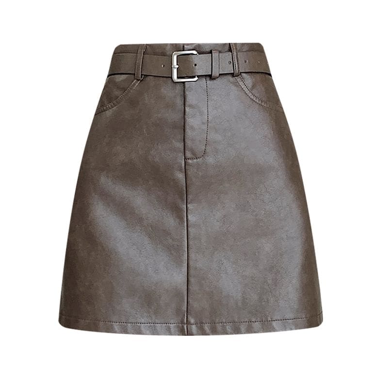 High Waist Plain Faux Leather Mini A-Line Skirt