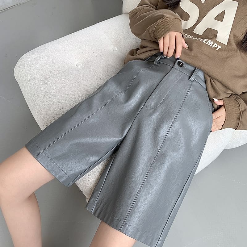 High Waist Plain Faux Leather Shorts