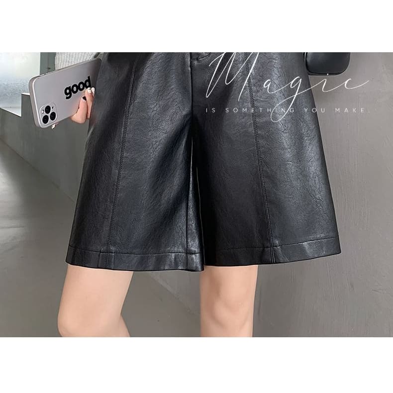 High Waist Plain Faux Leather Shorts