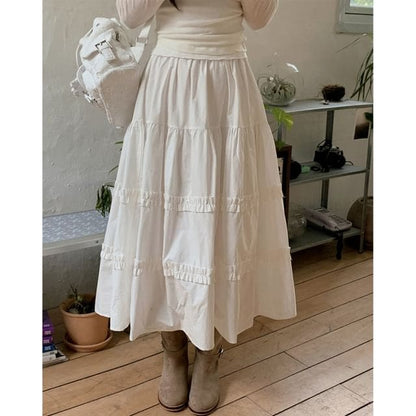 High Waist Plain Frill Trim Midi