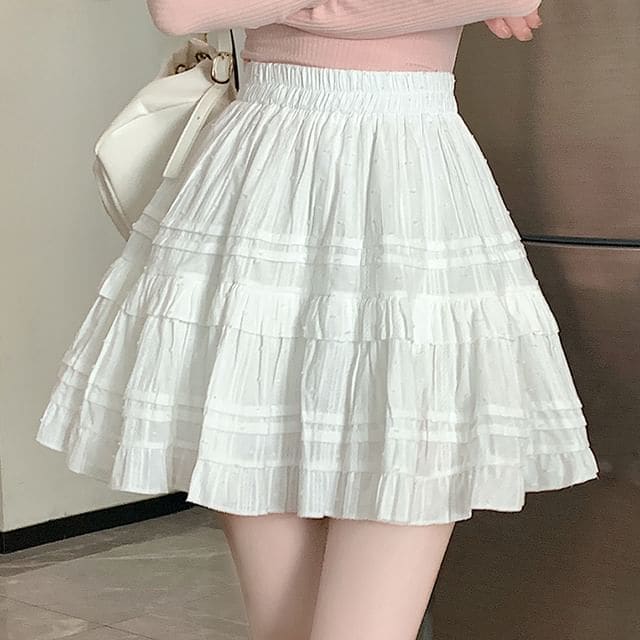 High Waist Plain Frill Trim Pintuck Tiered Mini A-Line Skirt