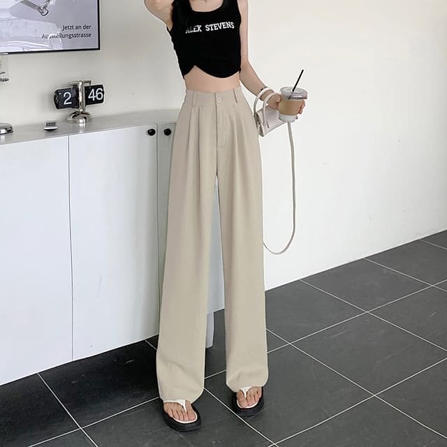 High Waist Plain Loose Fit Dress Pants - Almond / S