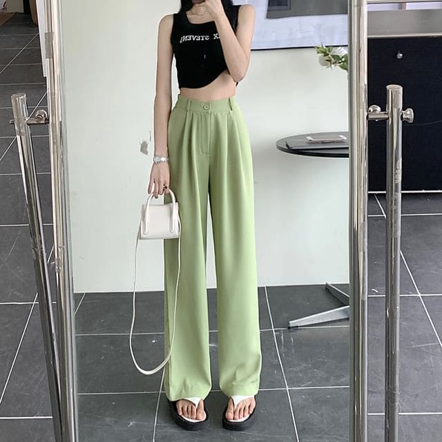 High Waist Plain Loose Fit Dress Pants - Green / S