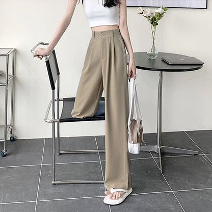 High Waist Plain Loose Fit Dress Pants - Khaki / S