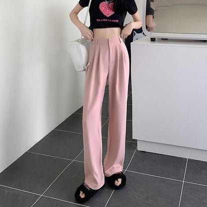 High Waist Plain Loose Fit Dress Pants - Pink / S