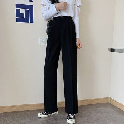 High Waist Plain Loose Fit Suit Pants - Black / S