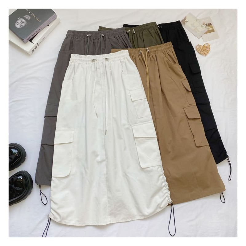 High Waist Plain Midi A-Line Cargo Skirt