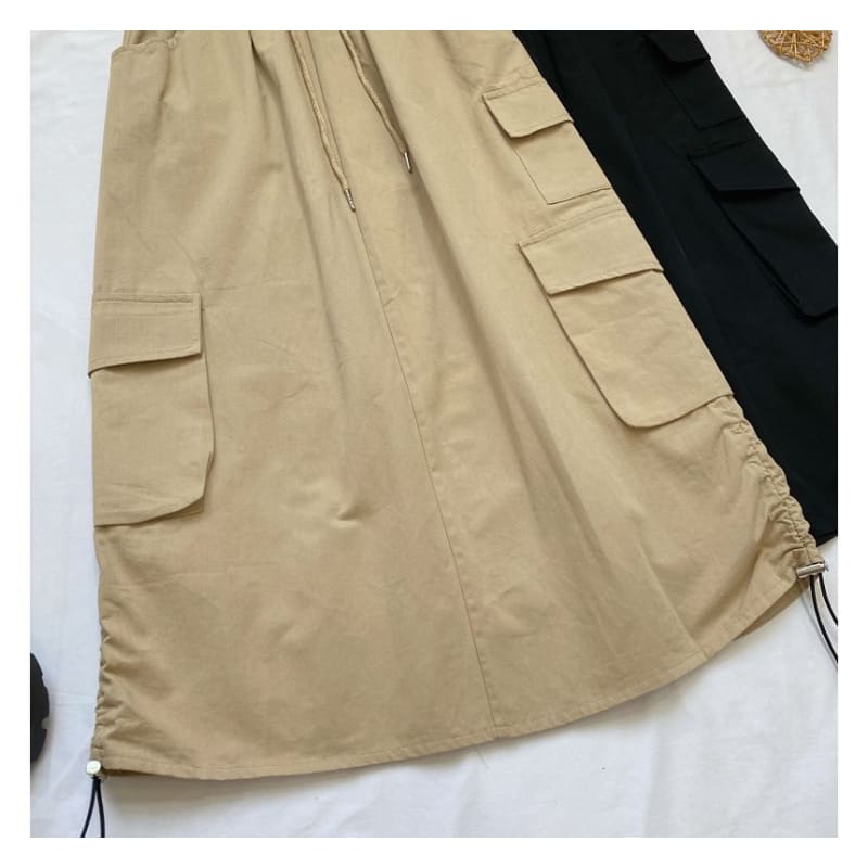 High Waist Plain Midi A-Line Cargo Skirt