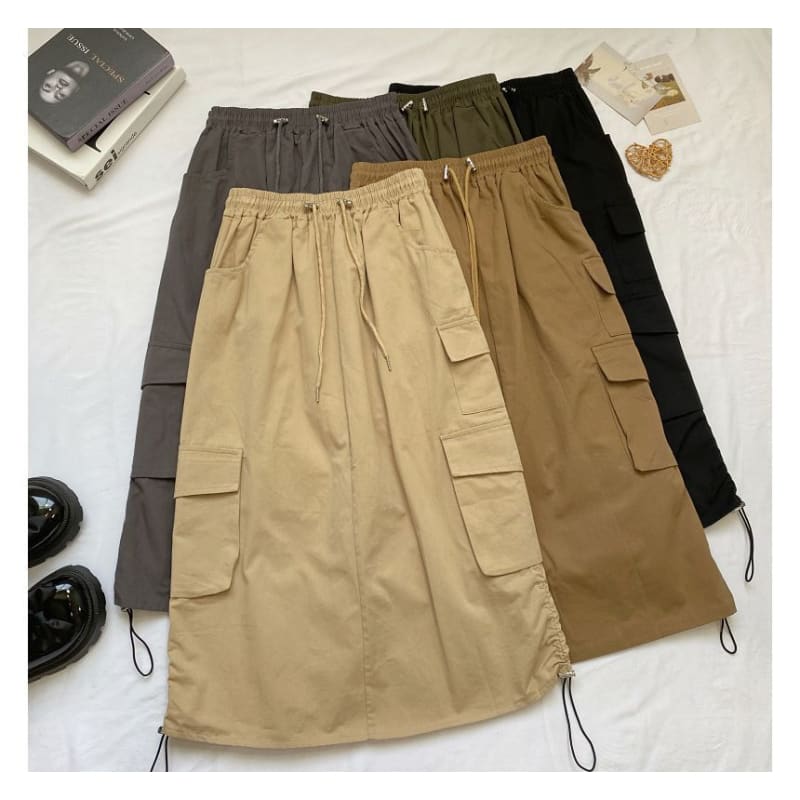 High Waist Plain Midi A-Line Cargo Skirt