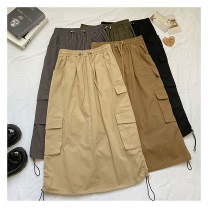 High Waist Plain Midi A-Line Cargo Skirt