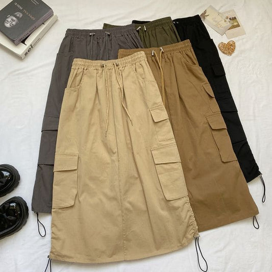 High Waist Plain Midi A-Line Cargo Skirt