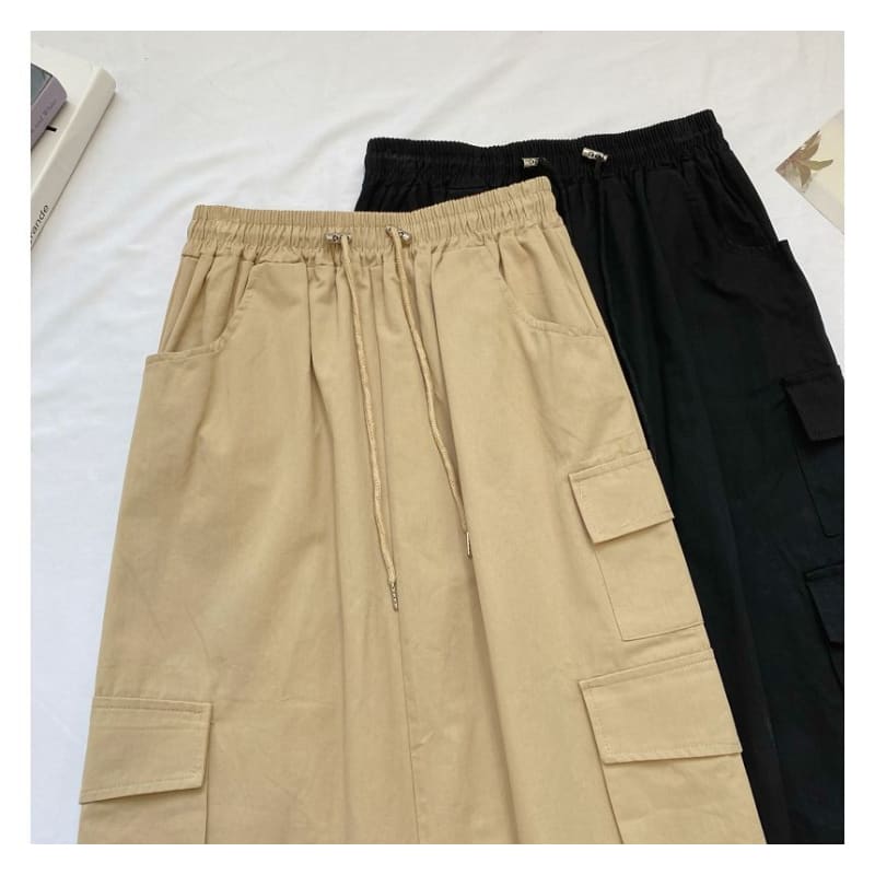 High Waist Plain Midi A-Line Cargo Skirt