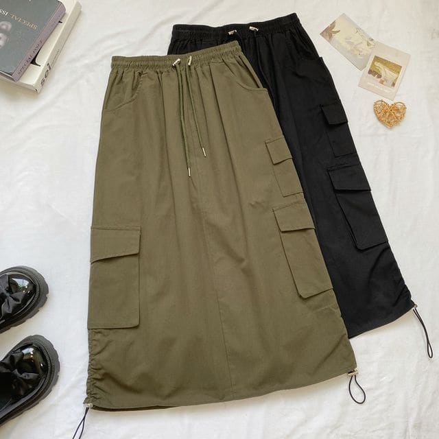 High Waist Plain Midi A-Line Cargo Skirt - Army Green