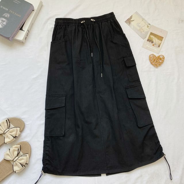 High Waist Plain Midi A-Line Cargo Skirt - Black / One Size