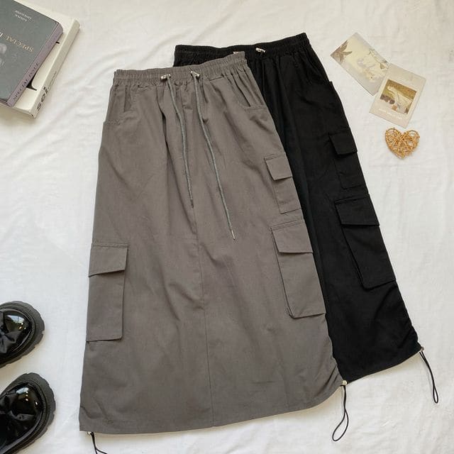 High Waist Plain Midi A-Line Cargo Skirt - Gray / One Size