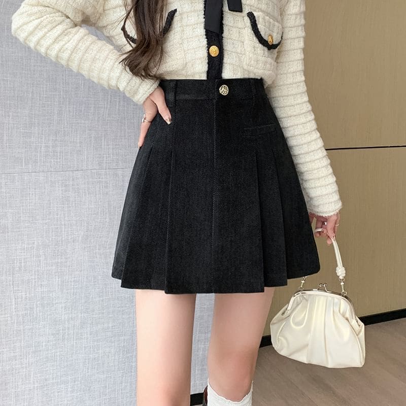 High Waist Plain Mini A-Line Pleated Skirt