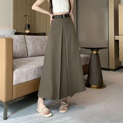 High Waist Plain Pleated Maxi A-Line Skirt