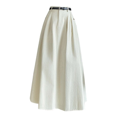 High Waist Plain Pleated Midi A-Line Denim Skirt - Beige / L