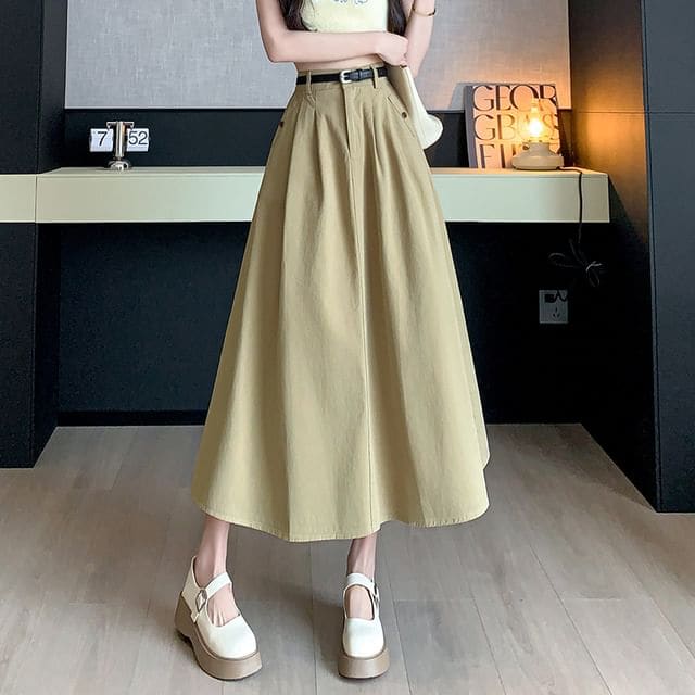 High Waist Plain Pleated Midi A-Line Denim Skirt - Beige / L