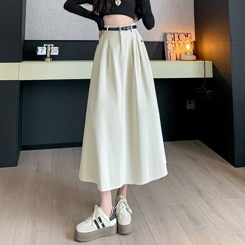 High Waist Plain Pleated Midi A-Line Denim Skirt - Beige / L