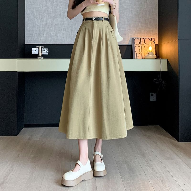 High Waist Plain Pleated Midi A-Line Denim Skirt - Beige / L