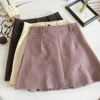 High Waist Plain Pleated Mini A-Line Skirt