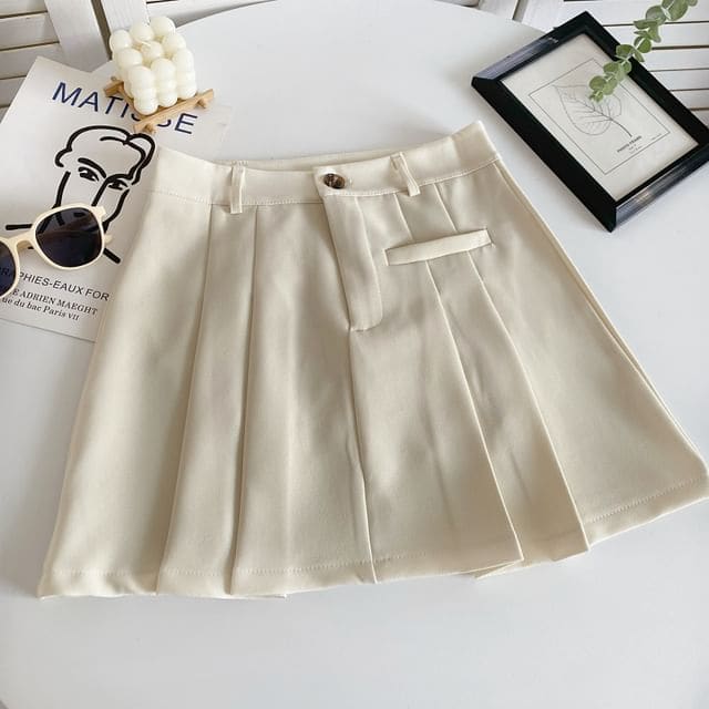 High Waist Plain Pleated Mini A-Line Skirt - Almond / S