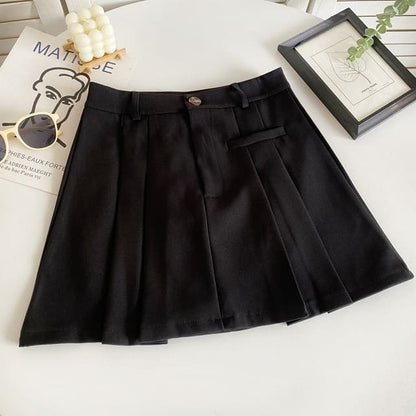 High Waist Plain Pleated Mini A-Line Skirt - Black / S