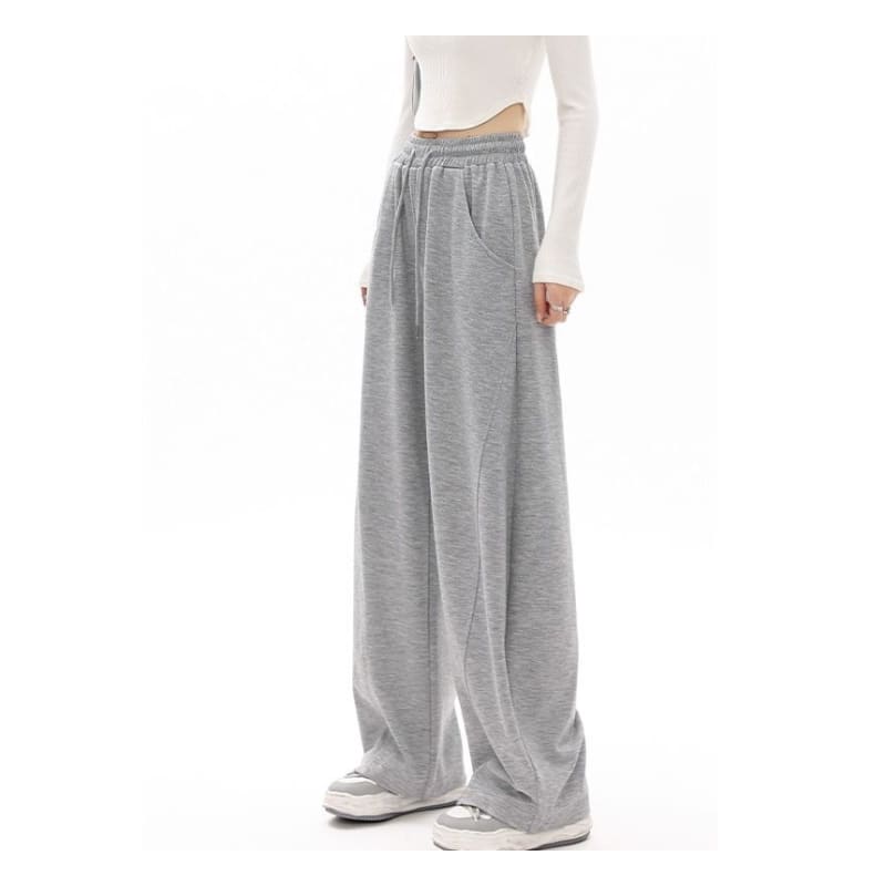 High Waist Plain Pocketed Drawstring Wide Leg Sweatpants