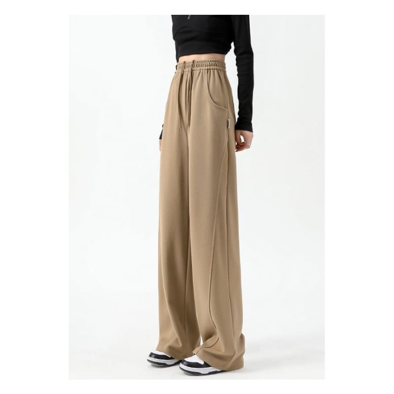 High Waist Plain Pocketed Drawstring Wide Leg Sweatpants