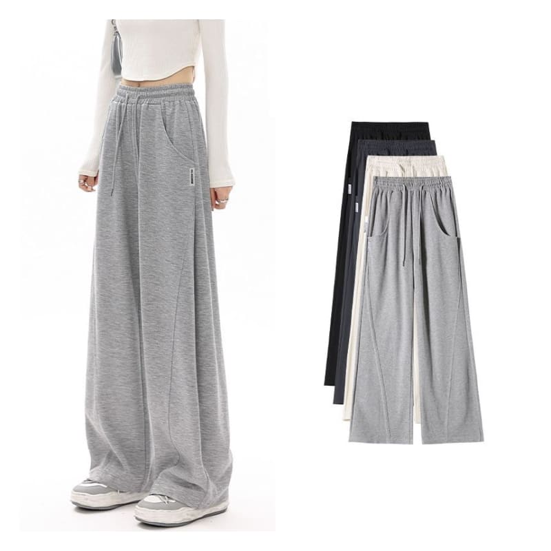 High Waist Plain Pocketed Drawstring Wide Leg Sweatpants