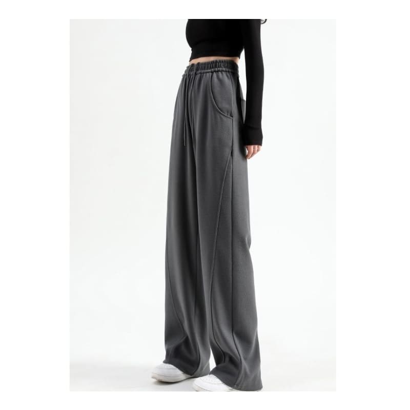 High Waist Plain Pocketed Drawstring Wide Leg Sweatpants