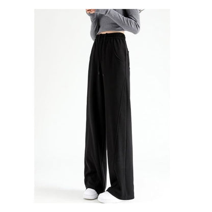 High Waist Plain Pocketed Drawstring Wide Leg Sweatpants