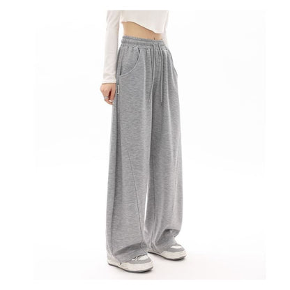 High Waist Plain Pocketed Drawstring Wide Leg Sweatpants