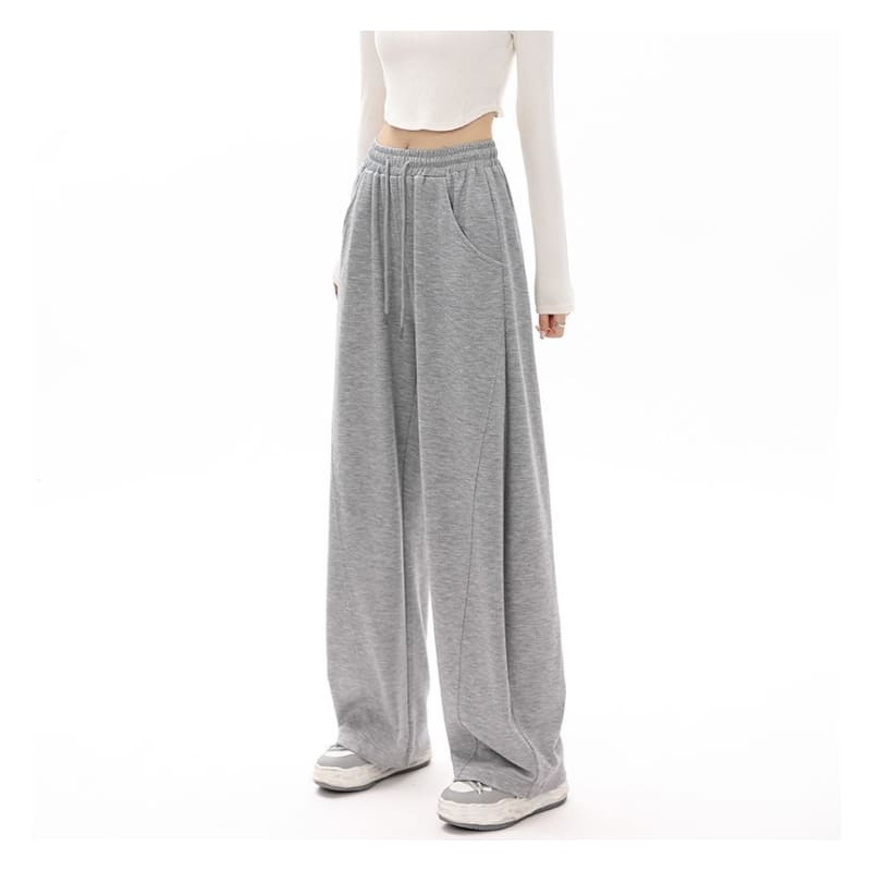 High Waist Plain Pocketed Drawstring Wide Leg Sweatpants