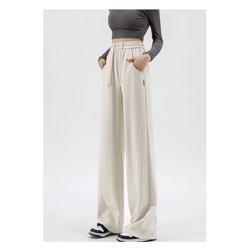 High Waist Plain Pocketed Drawstring Wide Leg Sweatpants