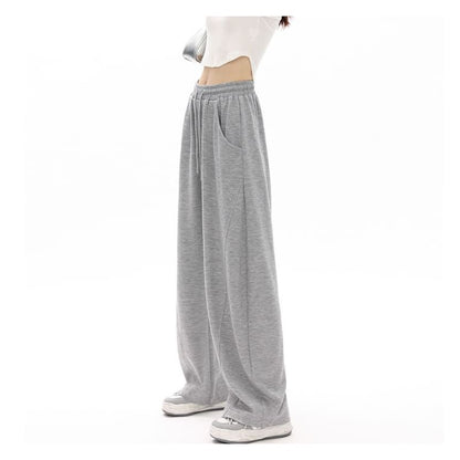 High Waist Plain Pocketed Drawstring Wide Leg Sweatpants