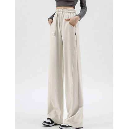 High Waist Plain Pocketed Drawstring Wide Leg Sweatpants