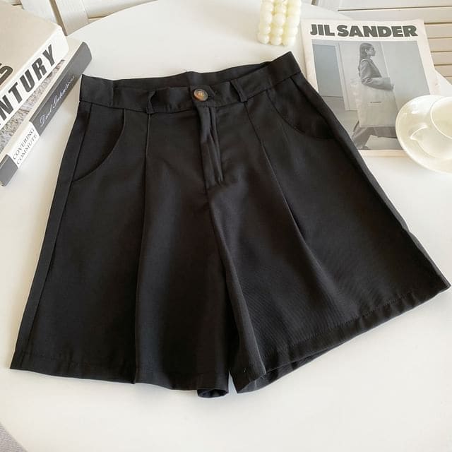 High Waist Plain Shorts - Black / M