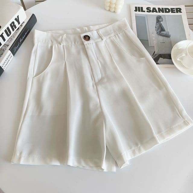 High Waist Plain Shorts - White / M