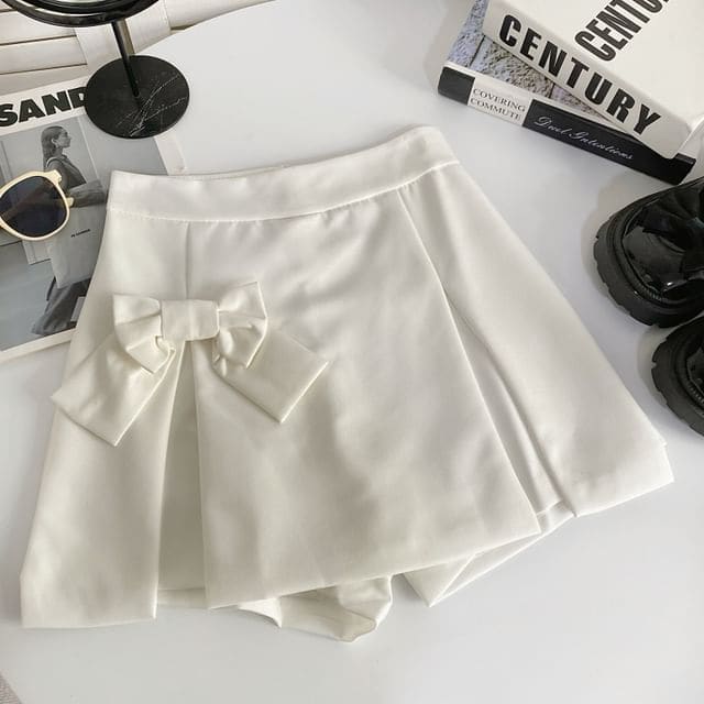 High Waist Plain Side-Slit Skort - White / S