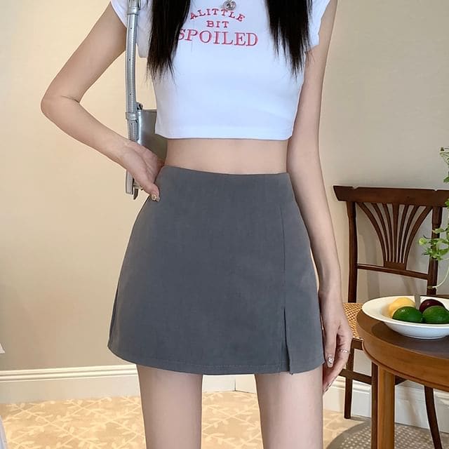 High Waist Plain Skort - Gray / S