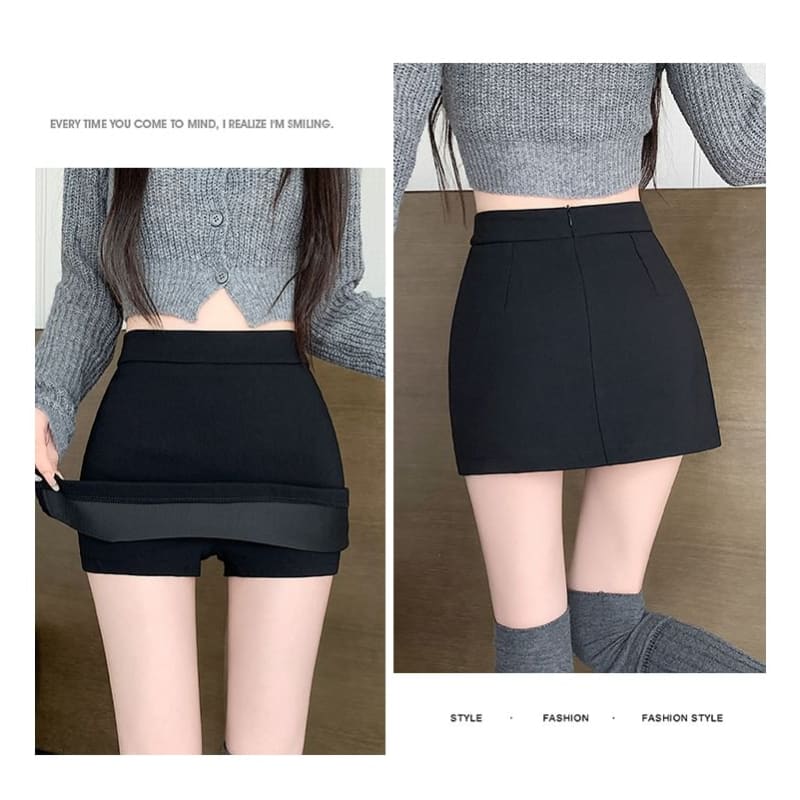 High Waist Plain Slit Mini Skort