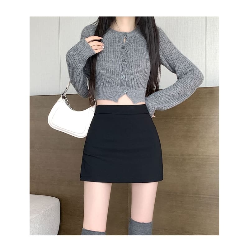 High Waist Plain Slit Mini Skort