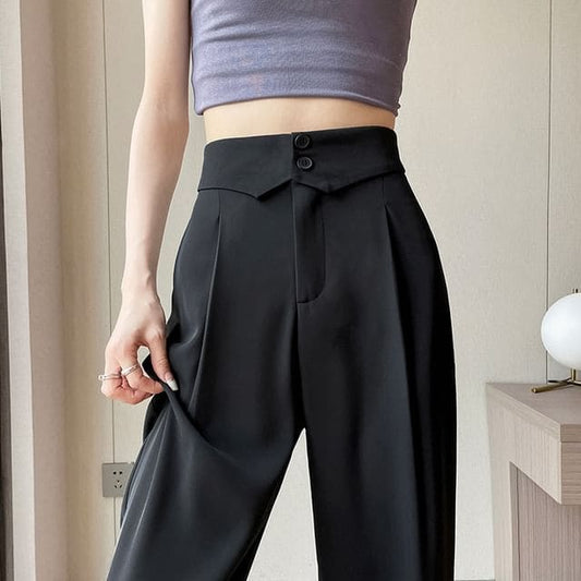 High Waist Plain Straight Leg Dress Pants - Pants