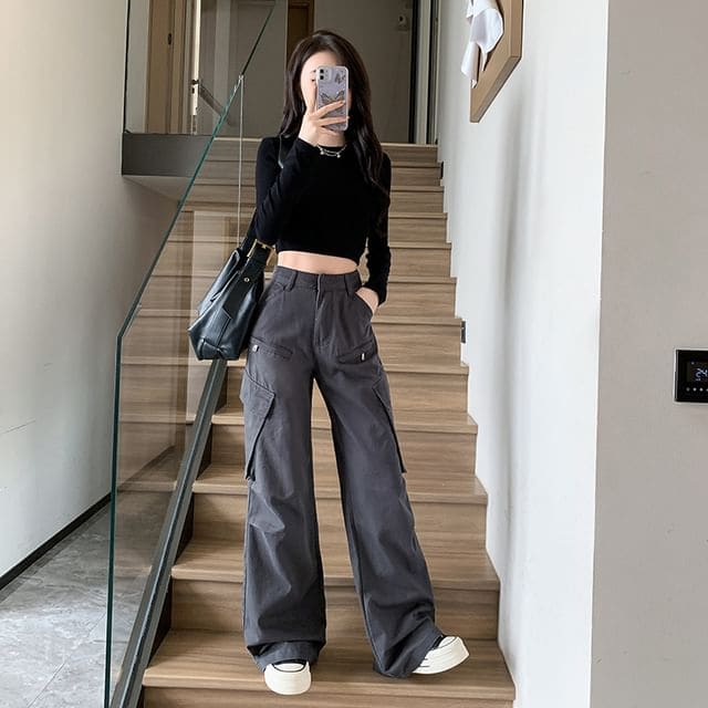 High Waist Plain Wide Leg Cargo Pants