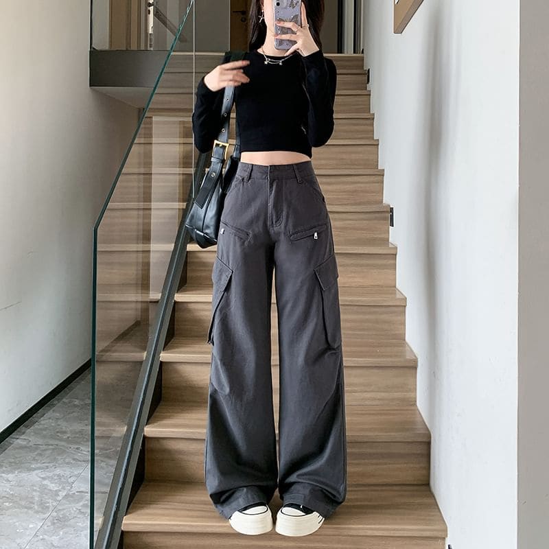 High Waist Plain Wide Leg Cargo Pants