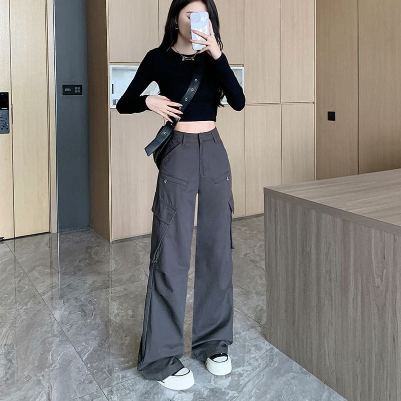 High Waist Plain Wide Leg Cargo Pants