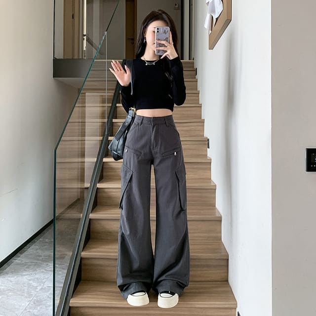 High Waist Plain Wide Leg Cargo Pants - Normal Edition